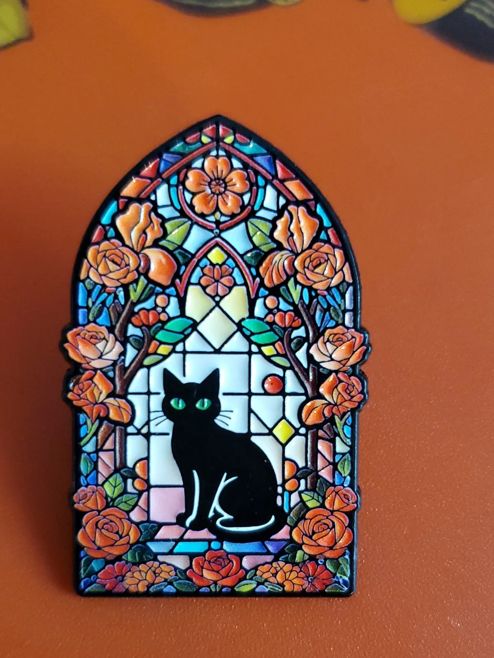 Stained Glass Cat Enamel Pin - Black Cat with Green Eyes